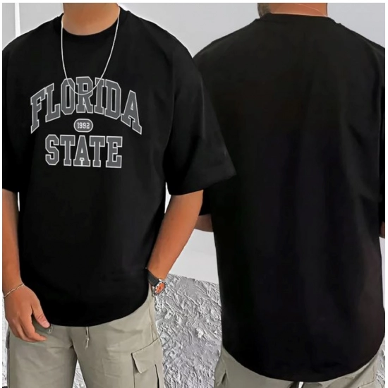 Generic Men's Casual Cotton Blend Printed Round Neck Half Sleeve T-Shirt (Black)