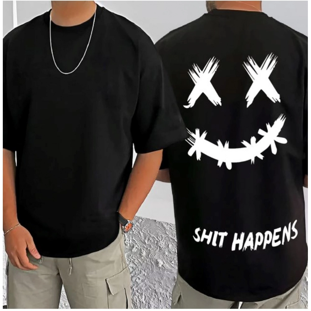 Generic Men's Casual Cotton Blend Printed Round Neck Half Sleeve T-Shirt (Black)