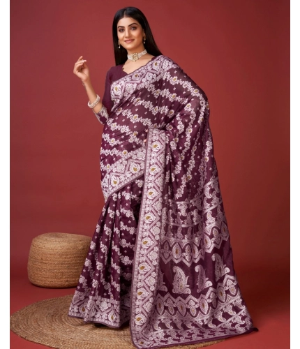 Generic Women's Cotton Silk Printed Saree With Unstitched Blouse 5.5Mtr (Purple)