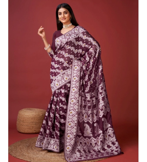 Generic Women's Cotton Silk Printed Saree With Unstitched Blouse 5.5Mtr (Purple)