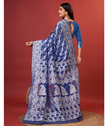 Generic Women's Cotton Silk Printed Saree With Unstitched Blouse 5.5Mtr (Blue)