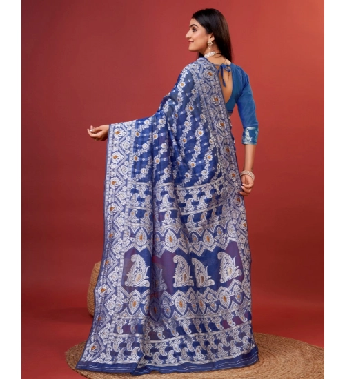 Generic Women's Cotton Silk Printed Saree With Unstitched Blouse 5.5Mtr (Blue)