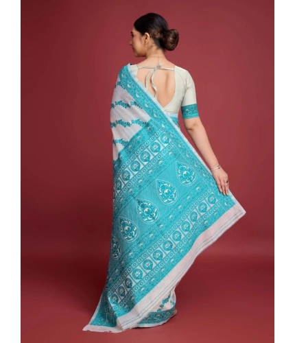 Generic Women's Jamdani Cotton Silk Printed Saree With Unstitched Blouse 5.5Mtr (Rama)