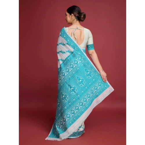 Women's Jamdani Cotton Silk Printed Saree With Unstitched Blouse 5.5Mtr (Rama) Women's Jamdani Cotton Silk Printed Saree With Unstitched Blouse 5.5Mtr (Rama)