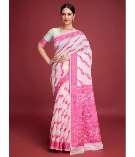 Generic Women's Jamdani Cotton Silk Printed Saree With Unstitched Blouse 5.5Mtr (Pink)