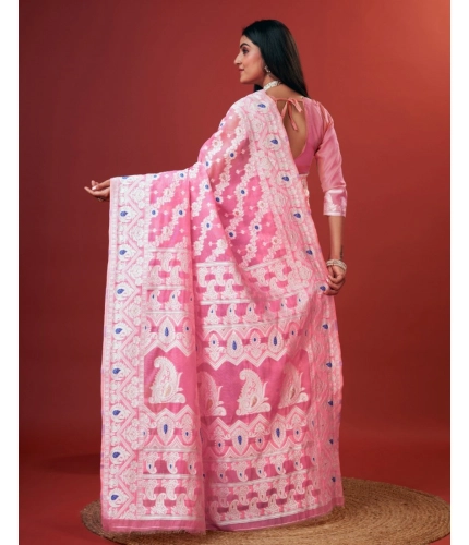 Generic Women's Cotton Silk Printed Saree With Unstitched Blouse 5.5Mtr (Pink)