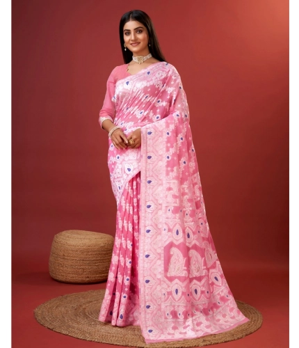 Generic Women's Cotton Silk Printed Saree With Unstitched Blouse 5.5Mtr (Pink)