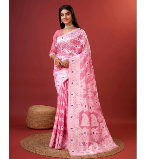 Generic Women's Cotton Silk Printed Saree With Unstitched Blouse 5.5Mtr (Pink)