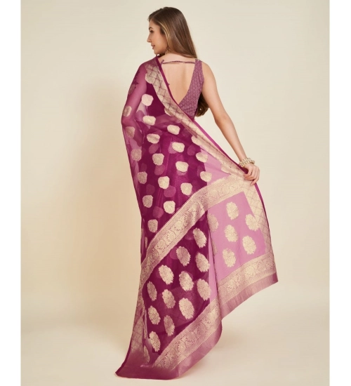 Generic Women's Soft Organza Silk Weaving Design Saree With Unstitched Blouse 5.5Mtr (Wine)