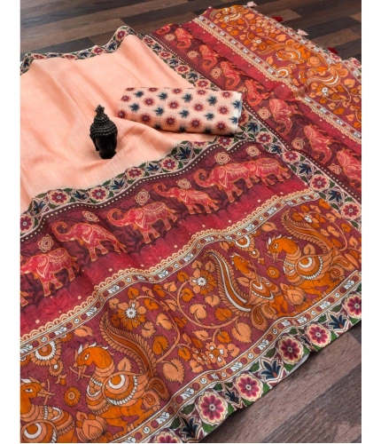 Generic Women's linen Digital Print Saree With Unstitched Blouse 5.5Mtr (Peach)