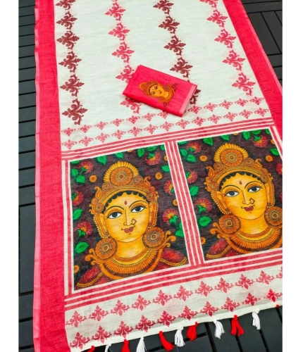 Generic Women's linen Digital Print Saree With Unstitched Blouse 5.5Mtr (White)