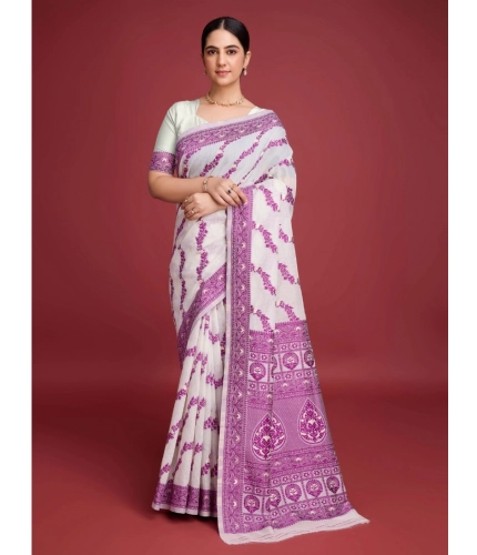 Generic Women's Jamdani Cotton Silk Printed Saree With Unstitched Blouse 5.5Mtr (Wine)