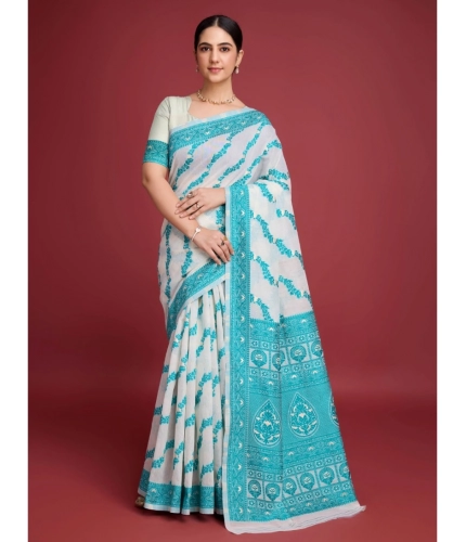 Generic Women's Jamdani Cotton Silk Printed Saree With Unstitched Blouse 5.5Mtr (Rama)