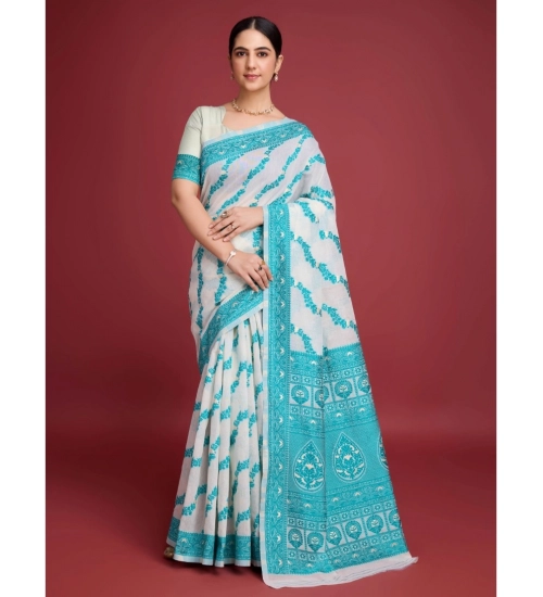 Generic Women's Jamdani Cotton Silk Printed Saree With Unstitched Blouse 5.5Mtr (Rama)