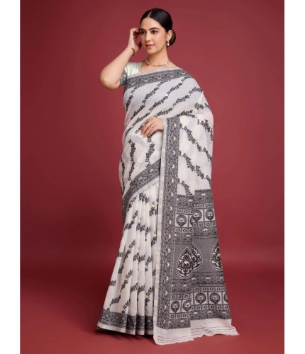 Generic Women's Jamdani Cotton Silk Printed Saree With Unstitched Blouse 5.5Mtr (Black)