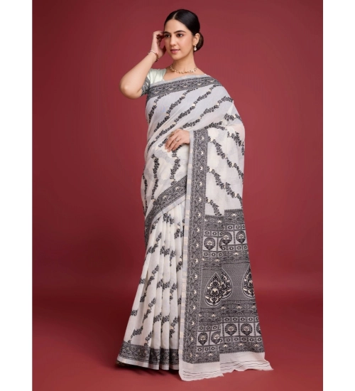 Generic Women's Jamdani Cotton Silk Printed Saree With Unstitched Blouse 5.5Mtr (Black)