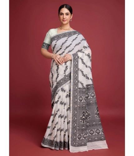 Generic Women's Jamdani Cotton Silk Printed Saree With Unstitched Blouse 5.5Mtr (Black)