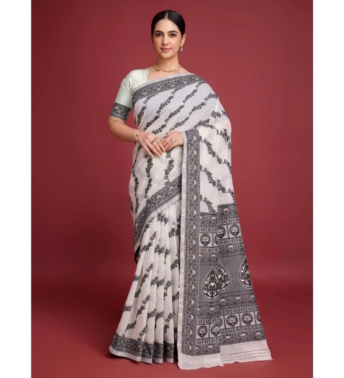 Generic Women's Jamdani Cotton Silk Printed Saree With Unstitched Blouse 5.5Mtr (Black)