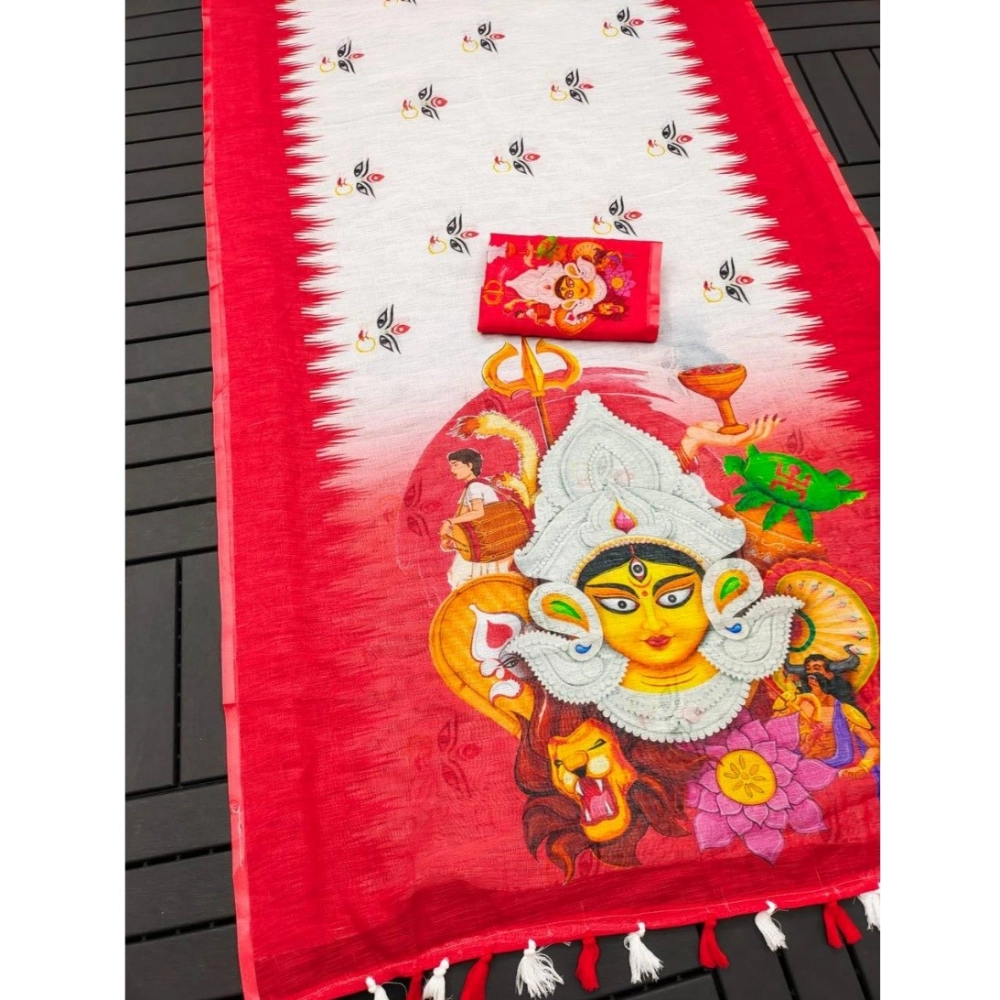 Generic Women's linen Digital Print Saree With Unstitched Blouse 5.5Mtr (White) Generic Women's linen Digital Print Saree With Unstitched Blouse 5.5Mtr (White)