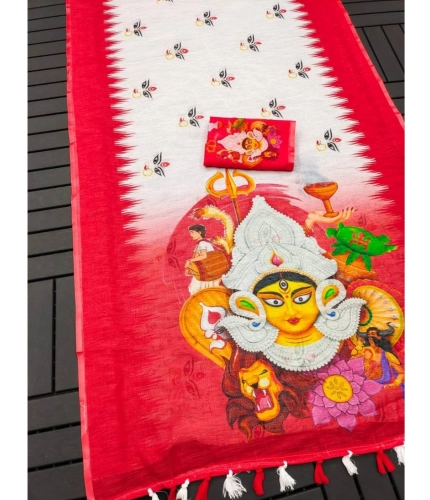 Generic Women's linen Digital Print Saree With Unstitched Blouse 5.5Mtr (White)