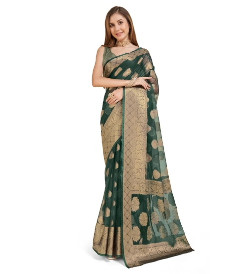 Generic Women's Soft Organza Silk Weaving Design Saree With Unstitched Blouse 5.5Mtr (Green)