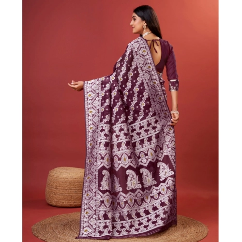 Women's Cotton Silk Printed Saree With Unstitched Blouse 5.5Mtr (Purple) Women's Cotton Silk Printed Saree With Unstitched Blouse 5.5Mtr (Purple)