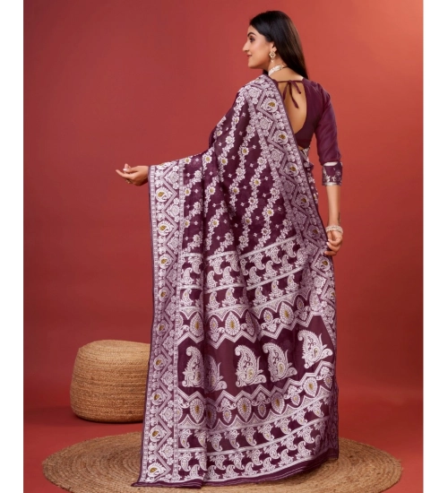 Generic Women's Cotton Silk Printed Saree With Unstitched Blouse 5.5Mtr (Purple)