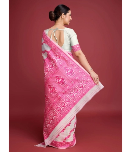 Generic Women's Jamdani Cotton Silk Printed Saree With Unstitched Blouse 5.5Mtr (Pink)