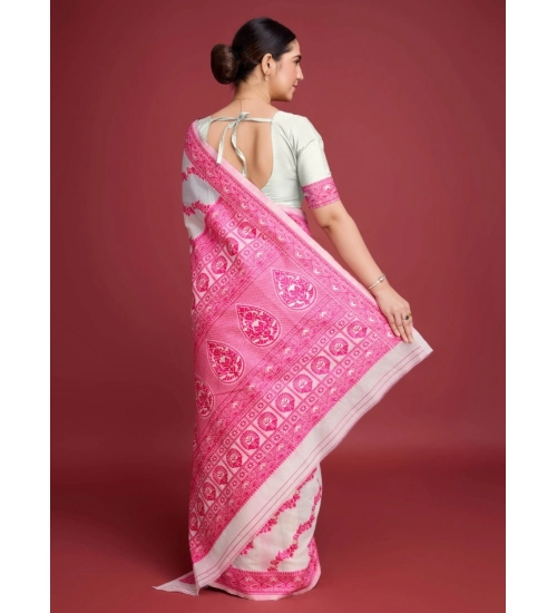 Generic Women's Jamdani Cotton Silk Printed Saree With Unstitched Blouse 5.5Mtr (Pink)