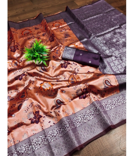 Generic Women's Banarasi Jacquard Printed Saree With Unstitched Blouse 5.5Mtr (Orange)