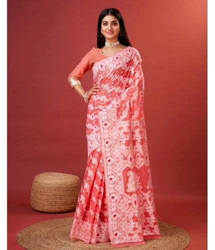 Generic Women's Cotton Silk Printed Saree With Unstitched Blouse 5.5Mtr (Peach)