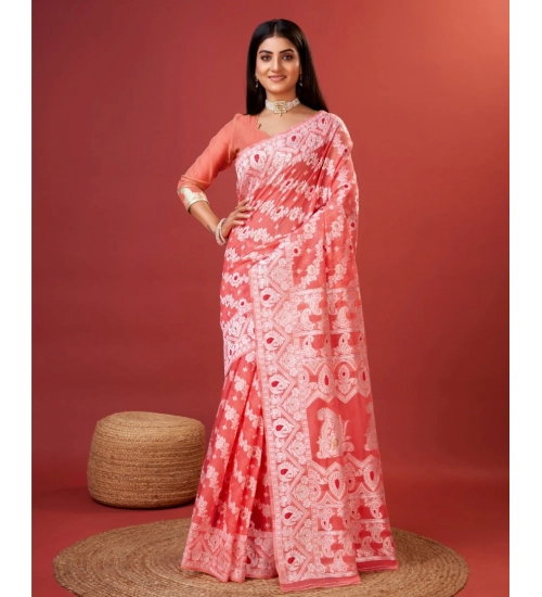 Generic Women's Cotton Silk Printed Saree With Unstitched Blouse 5.5Mtr (Peach)