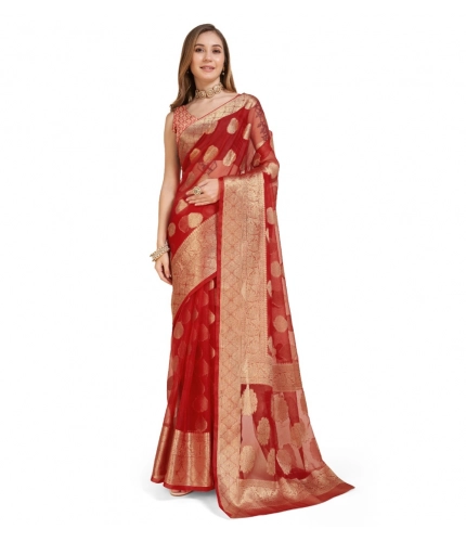 Generic Women's Soft Organza Silk Weaving Design Saree With Unstitched Blouse 5.5Mtr (Red)