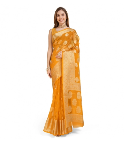Generic Women's Soft Organza Silk Weaving Design Saree With Unstitched Blouse 5.5Mtr (Yellow)
