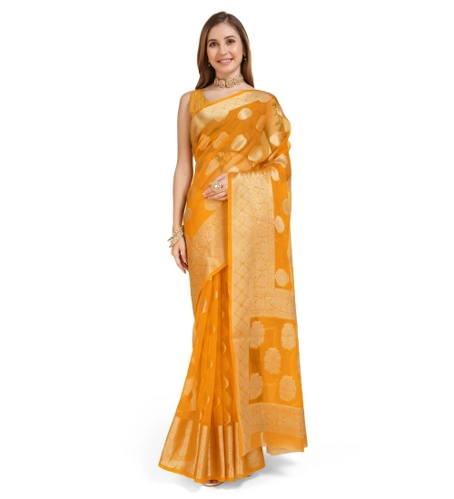 Generic Women's Soft Organza Silk Weaving Design Saree With Unstitched Blouse 5.5Mtr (Yellow)
