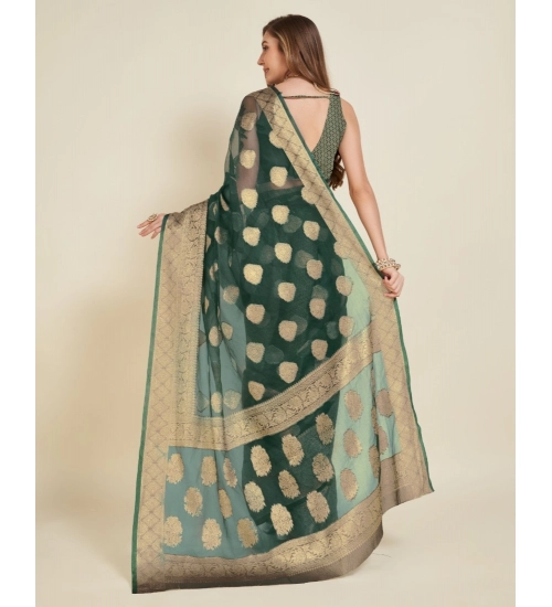 Generic Women's Soft Organza Silk Weaving Design Saree With Unstitched Blouse 5.5Mtr (Green)