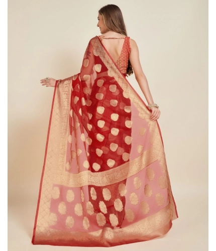 Generic Women's Soft Organza Silk Weaving Design Saree With Unstitched Blouse 5.5Mtr (Red)