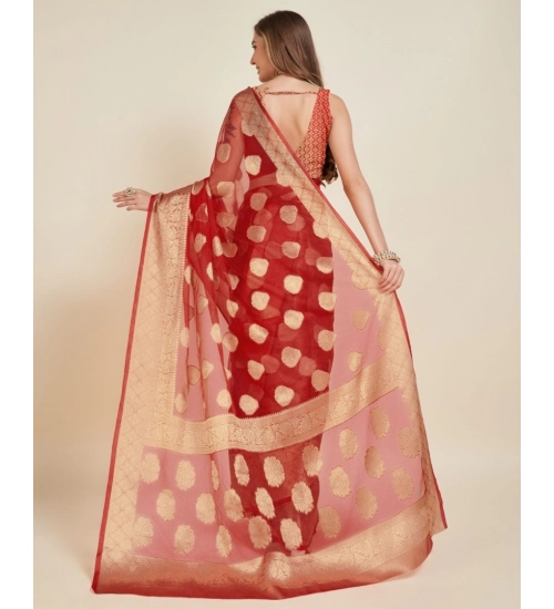 Generic Women's Soft Organza Silk Weaving Design Saree With Unstitched Blouse 5.5Mtr (Red)