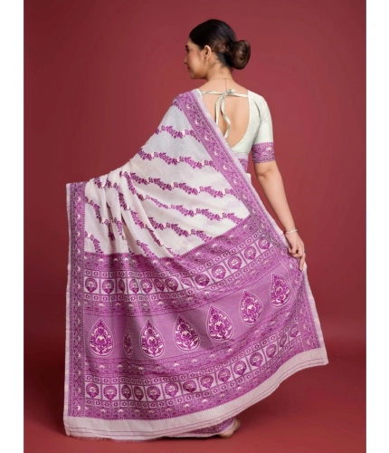Generic Women's Jamdani Cotton Silk Printed Saree With Unstitched Blouse 5.5Mtr (Wine)