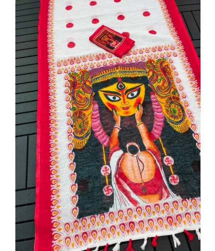 Generic Women's linen Digital Print Saree With Unstitched Blouse 5.5Mtr (White)