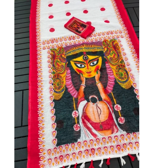 Generic Women's linen Digital Print Saree With Unstitched Blouse 5.5Mtr (White)
