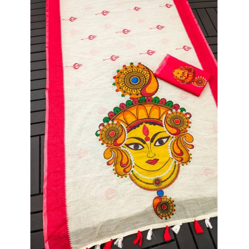Generic Women's linen Digital Print Saree With Unstitched Blouse 5.5Mtr (White) Generic Women's linen Digital Print Saree With Unstitched Blouse 5.5Mtr (White)