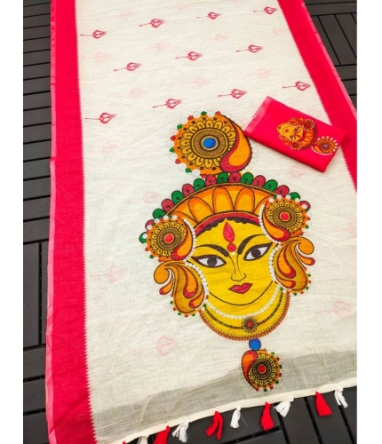 Generic Women's linen Digital Print Saree With Unstitched Blouse 5.5Mtr (White)