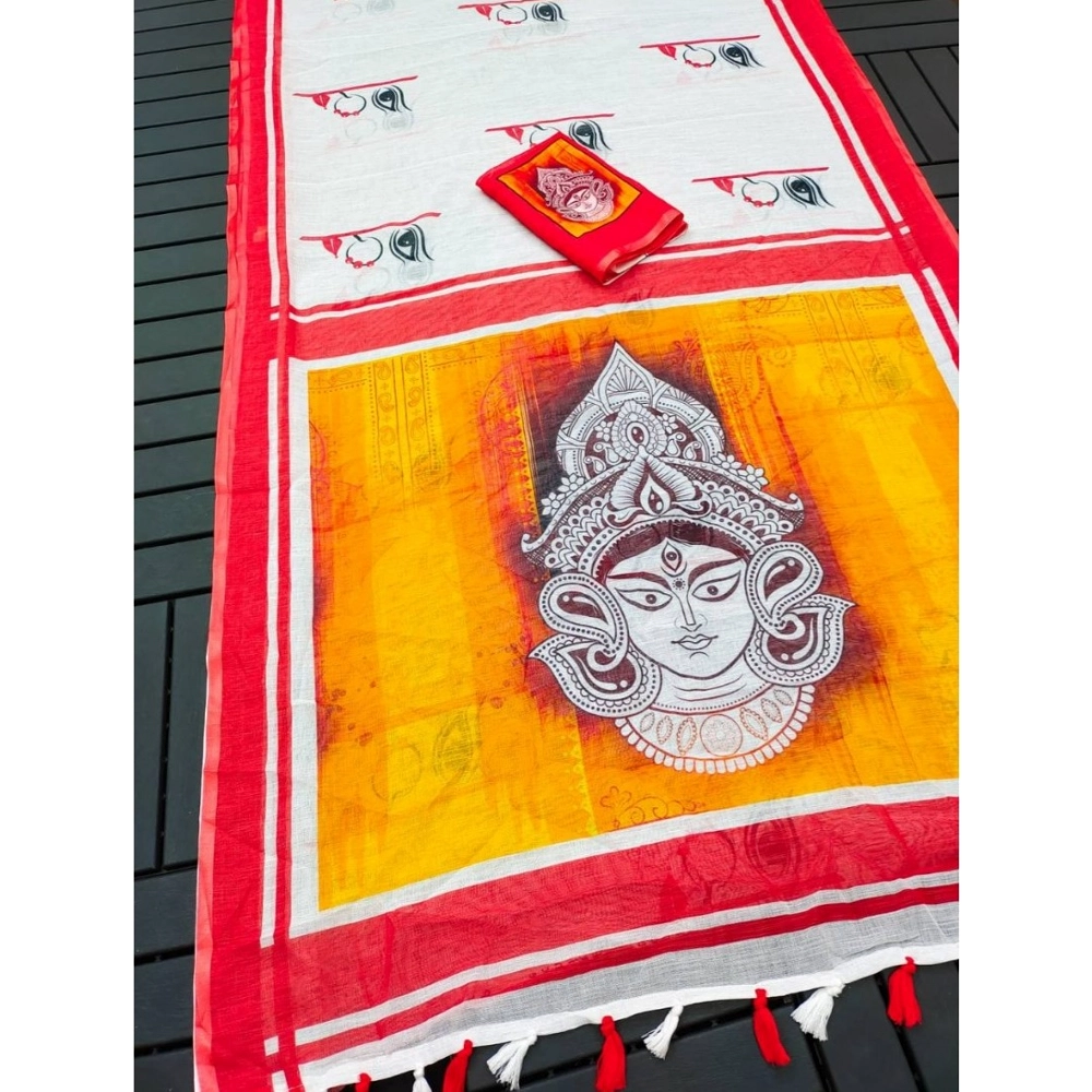 Generic Women's linen Digital Print Saree With Unstitched Blouse 5.5Mtr (White) Generic Women's linen Digital Print Saree With Unstitched Blouse 5.5Mtr (White)