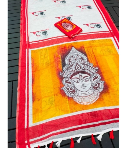 Generic Women's linen Digital Print Saree With Unstitched Blouse 5.5Mtr (White)