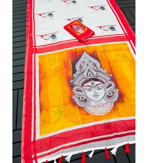 Generic Women's linen Digital Print Saree With Unstitched Blouse 5.5Mtr (White)