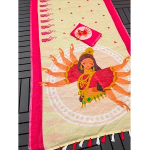 Generic Women's linen Digital Print Saree With Unstitched Blouse 5.5Mtr (White)