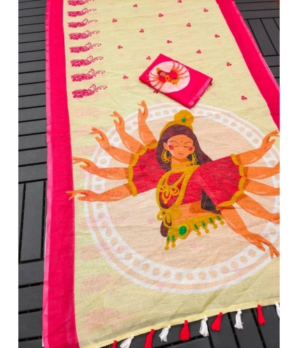 Generic Women's linen Digital Print Saree With Unstitched Blouse 5.5Mtr (White)