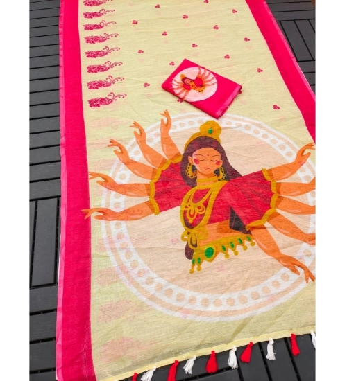Generic Women's linen Digital Print Saree With Unstitched Blouse 5.5Mtr (White)