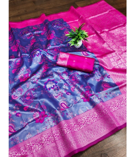 Generic Women's Banarasi Jacquard Printed Saree With Unstitched Blouse 5.5Mtr (Navy Blue)